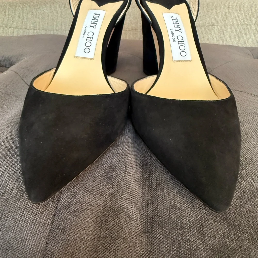 Jimmy Choo Black Suede Pointed-Toe Ankle-Strap Block Heels - Picture 2 of 11